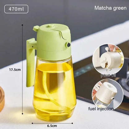 Kitchen oil bottle with fine mist spray and controlled pour spout