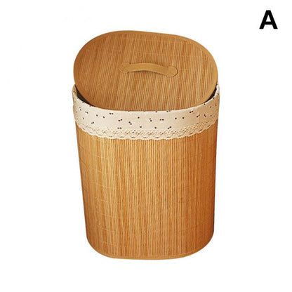 Foldable bamboo storage basket with lid and fabric liner