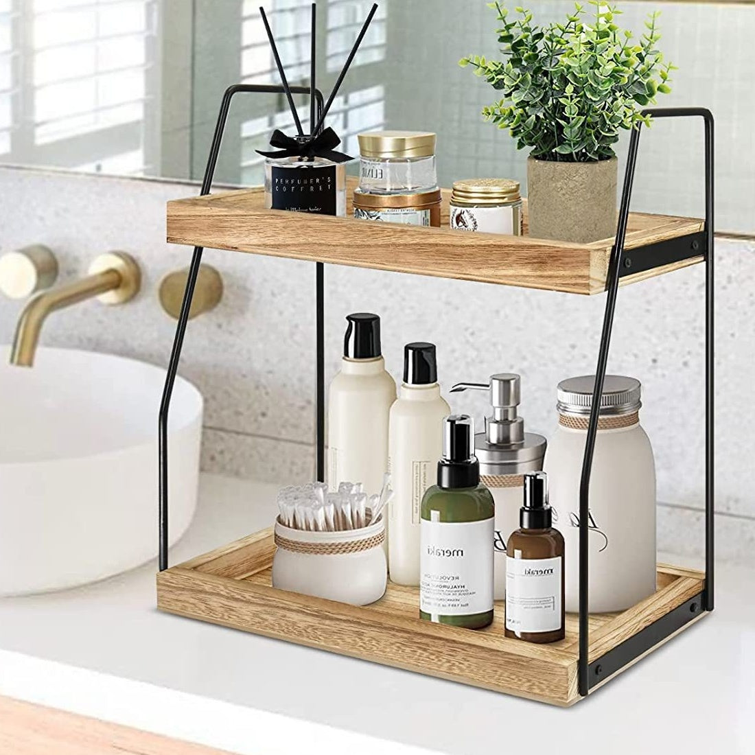 Two-tier wooden storage shelf with sturdy iron frame