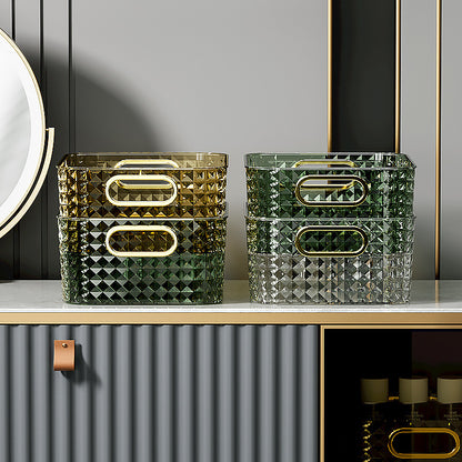Gold-accented plastic storage basket for vanity organisation