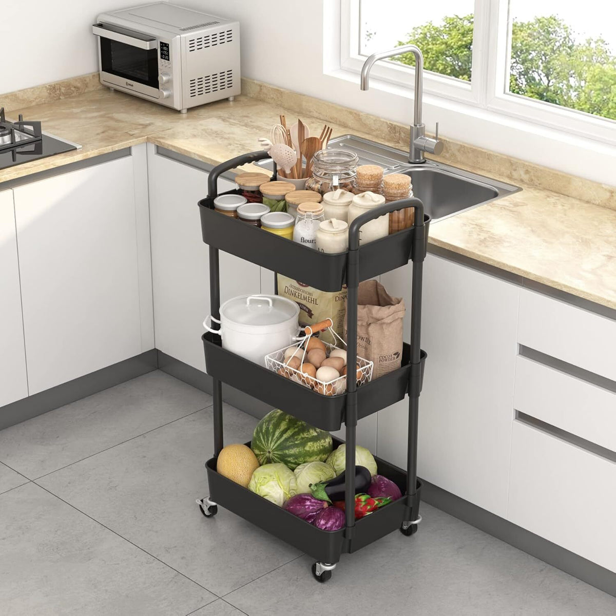 Narrow plastic storage trolley for compact home spaces