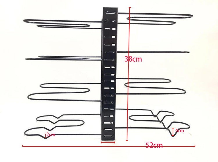 Multi-level kitchen rack holding plates bowls and cookware