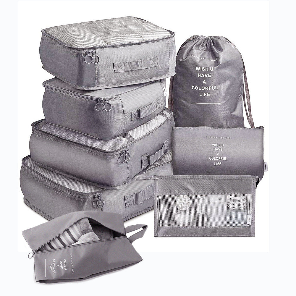 Eight-piece travel packing cube set for organised luggage