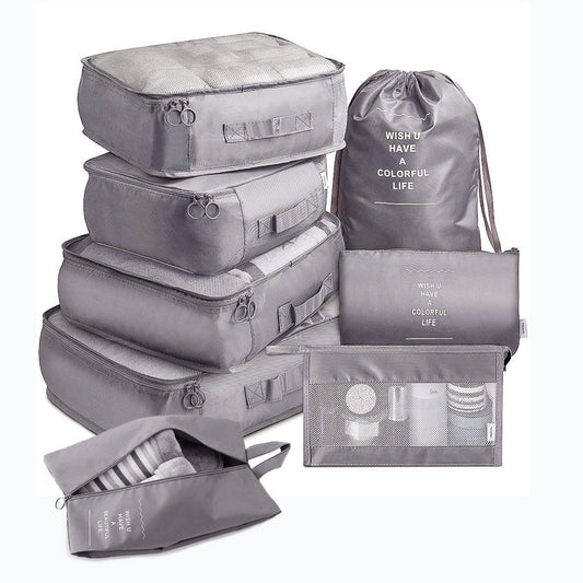 Eight-piece travel packing cube set for organised luggage