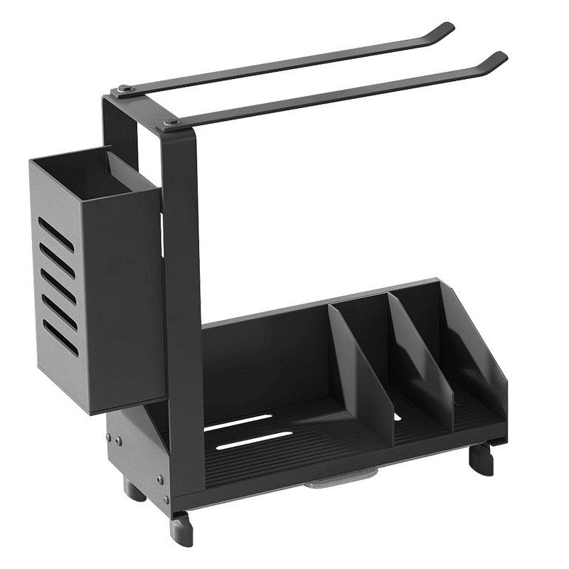 Aluminium and carbon steel sponge holder beside a kitchen sink