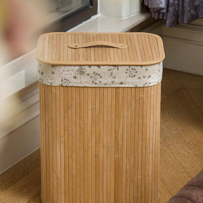 Foldable bamboo storage basket with lid and fabric liner