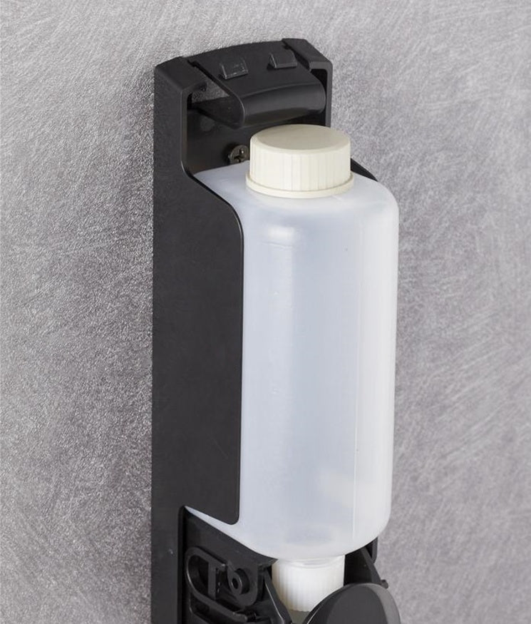 Space-saving liquid soap dispenser for showers and bathroom sinks