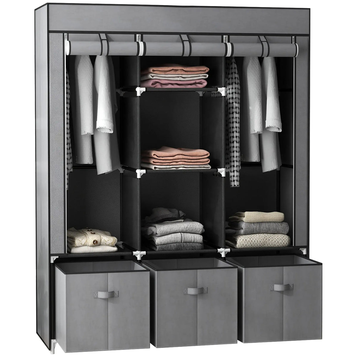 Fabric clothes wardrobe with two hanging rails and five shelves