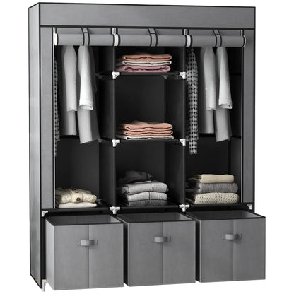 Fabric clothes wardrobe with two hanging rails and five shelves