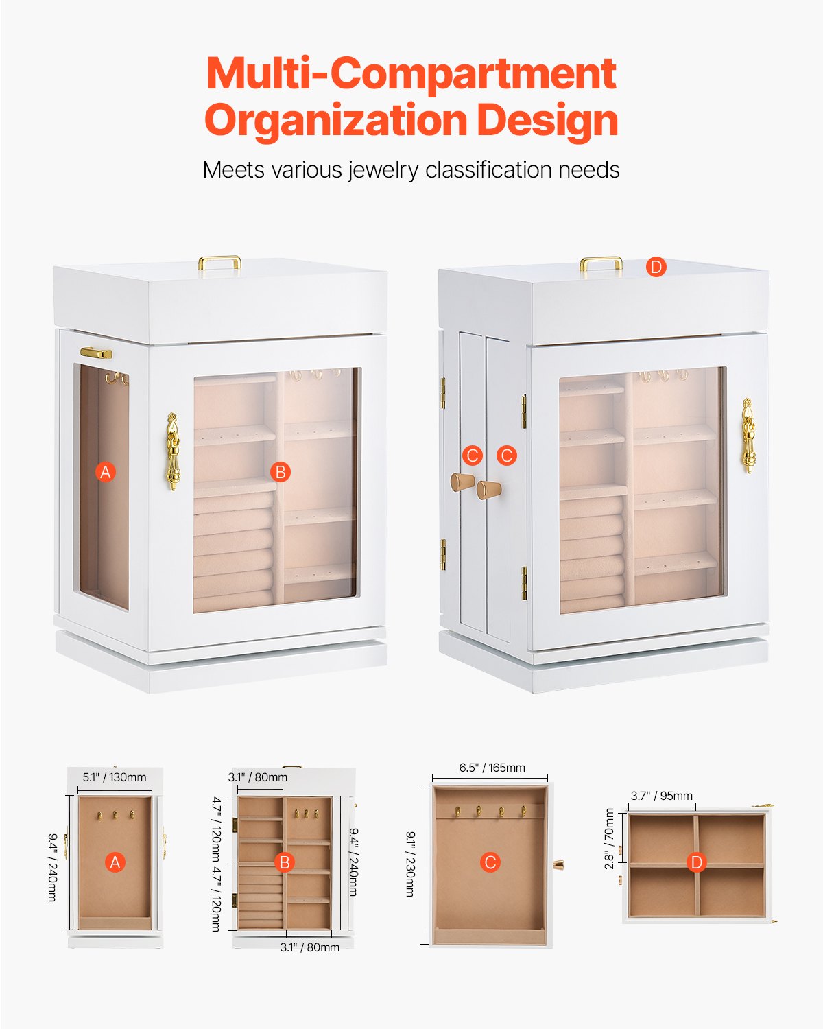 360 degree rotating jewellery organiser with storage compartments