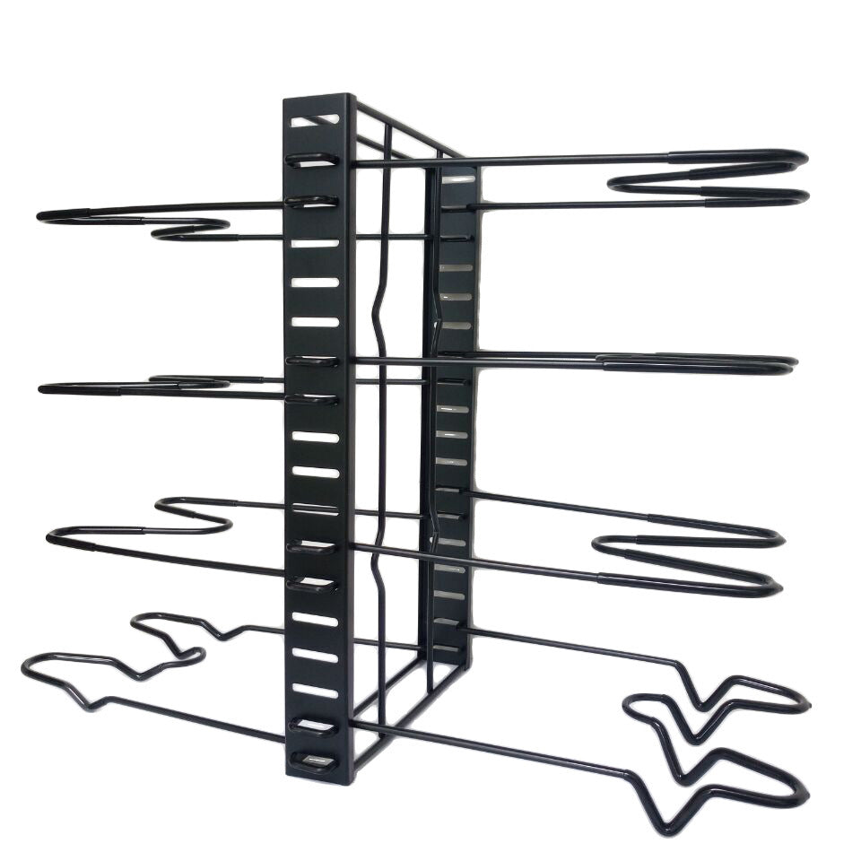 Multi-level kitchen rack holding plates bowls and cookware