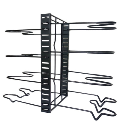 Multi-level kitchen rack holding plates bowls and cookware