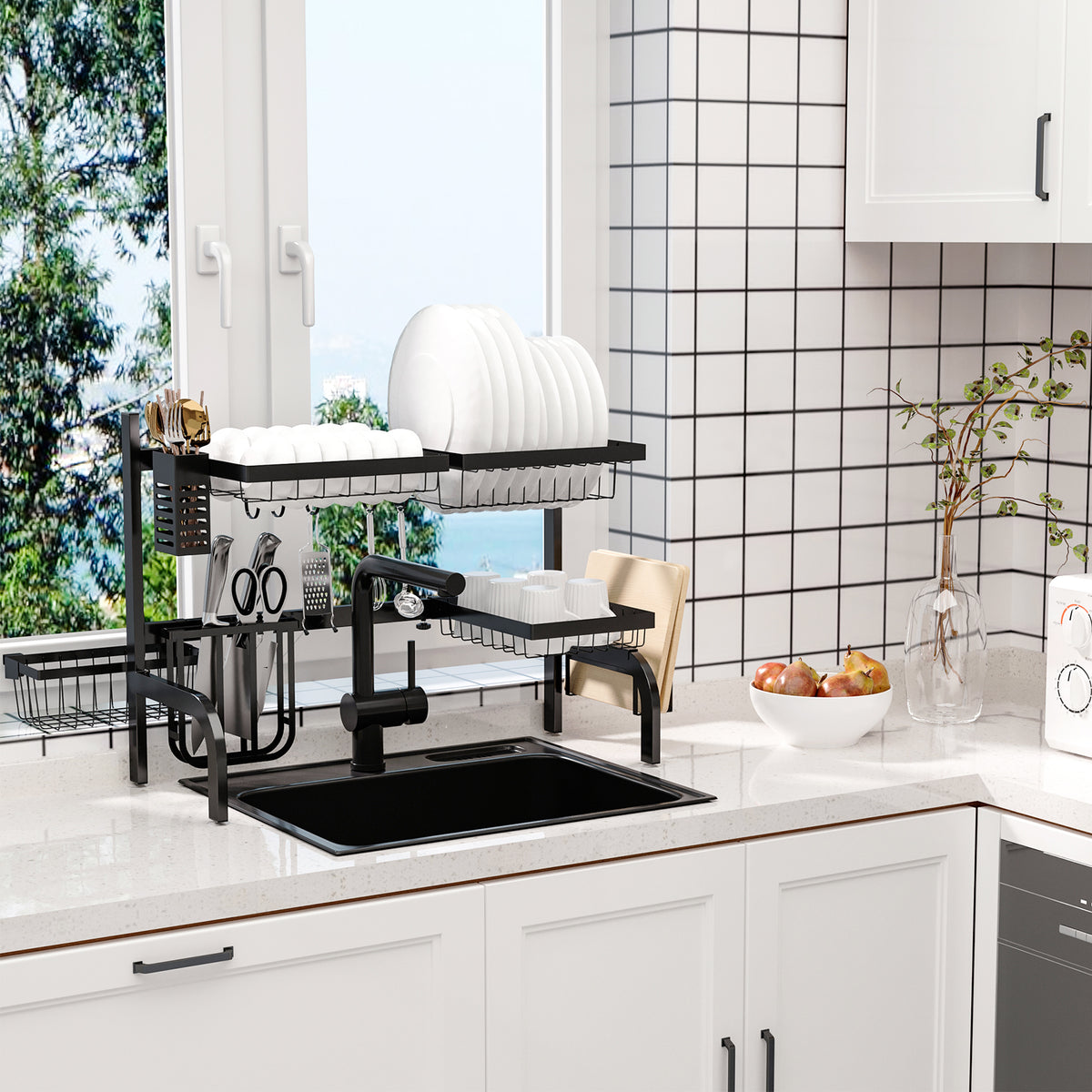 Over sink rack for drying plates bowls cups and cookware