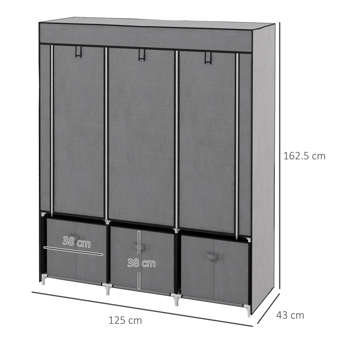 Portable wardrobe organiser with three fabric storage drawers