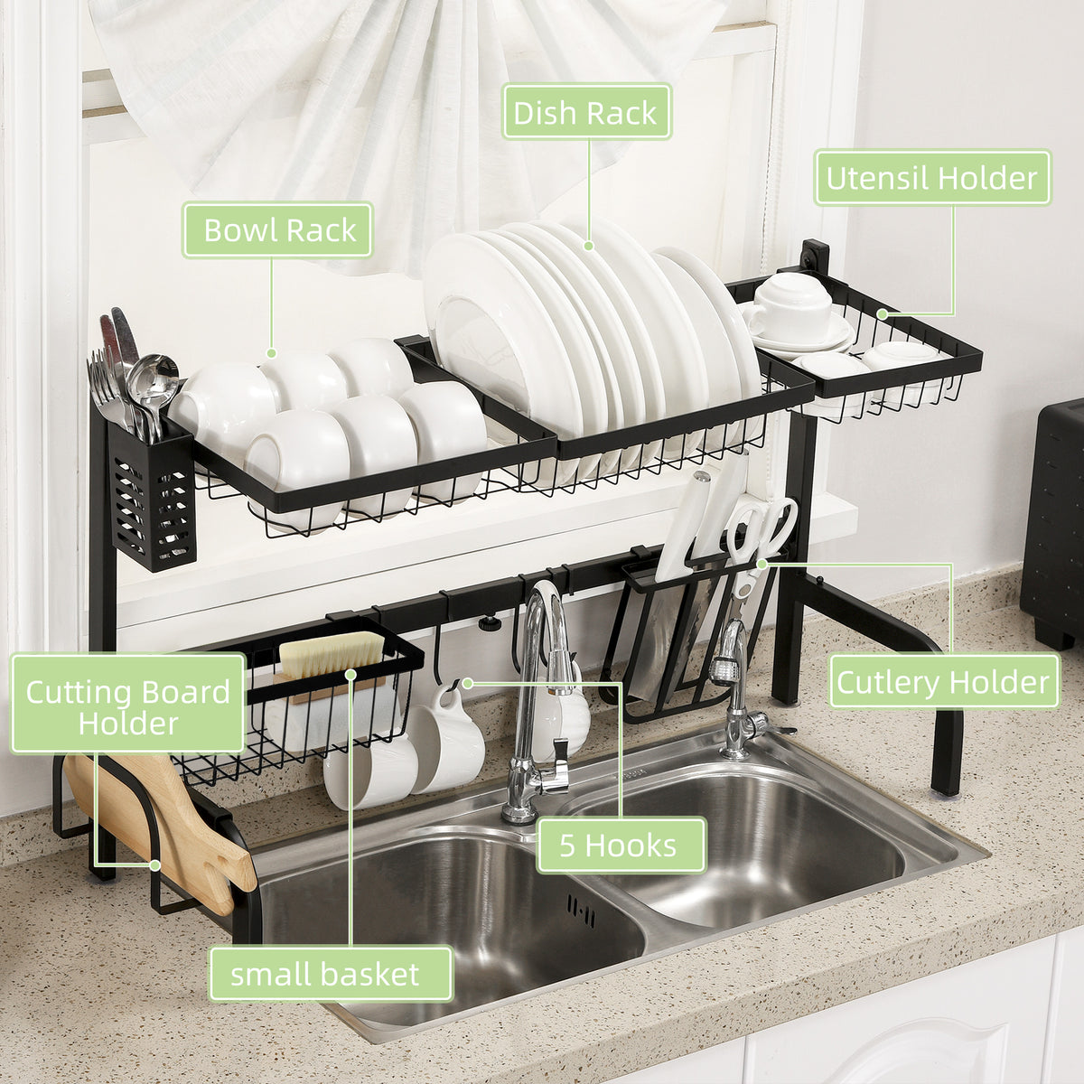 Steel over sink storage rack for organised tableware