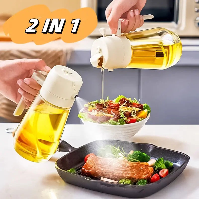 Refillable 470ml oil bottle with spray and pouring functions