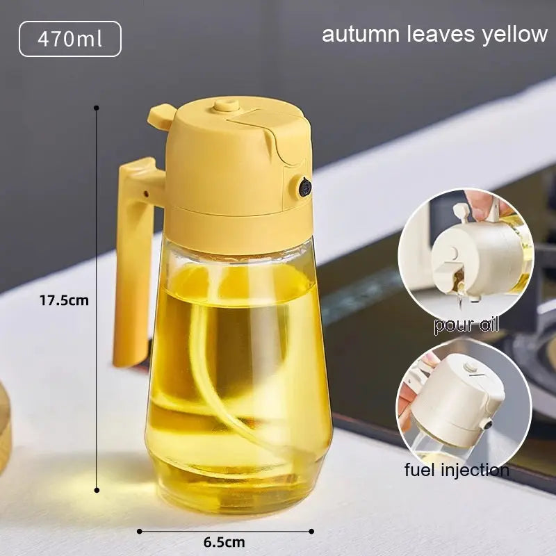 Kitchen oil bottle with fine mist spray and controlled pour spout
