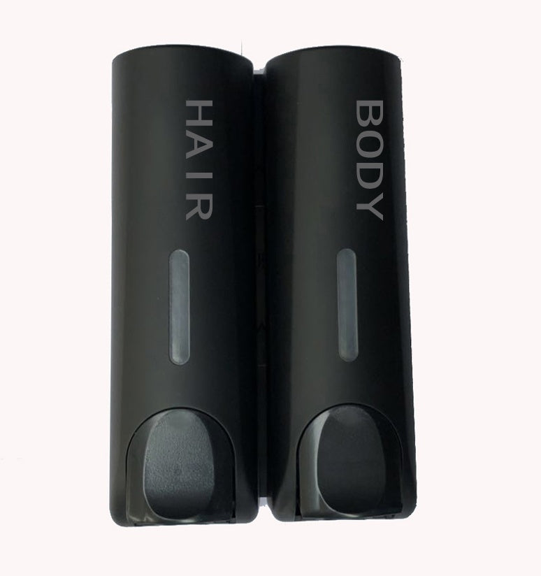 Black wall-mounted soap and shampoo dispenser for bathroom use