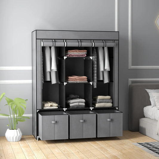 Dark grey portable fabric wardrobe with shelves and drawers