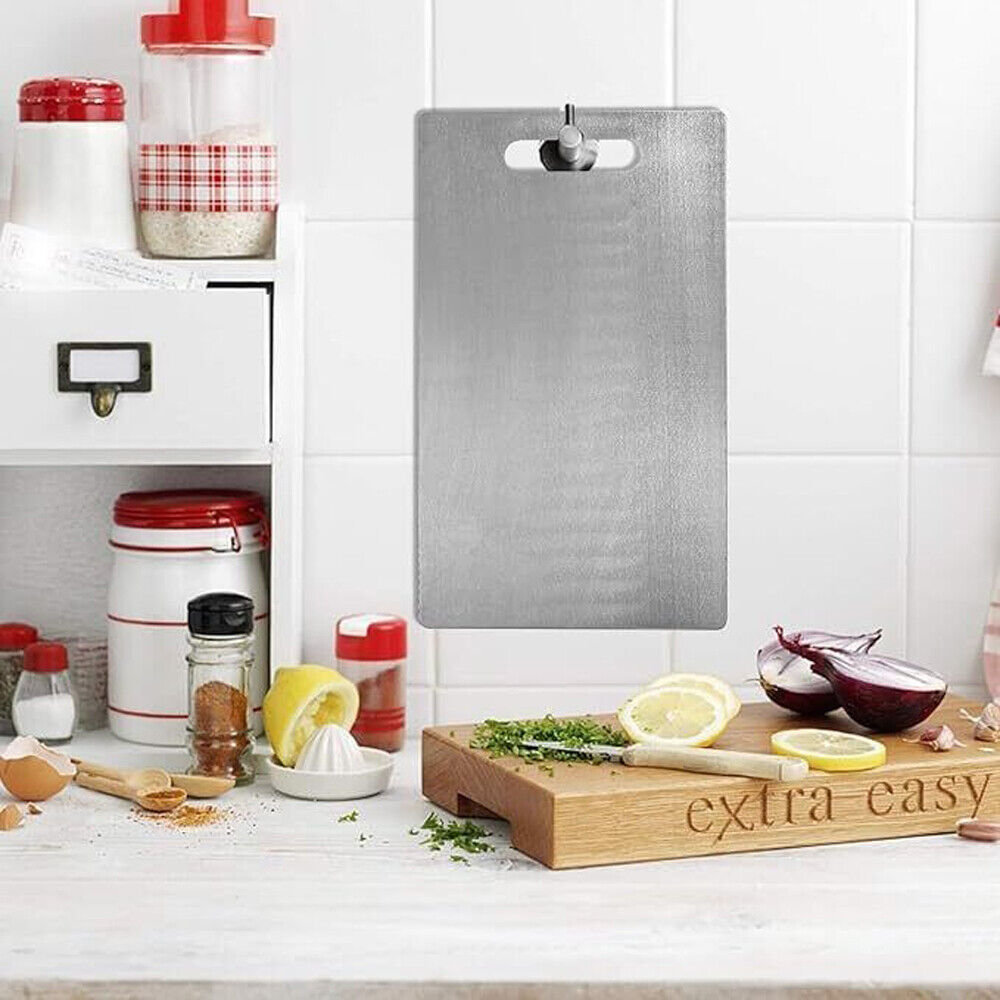 Silver stainless steel board for slicing and chopping food