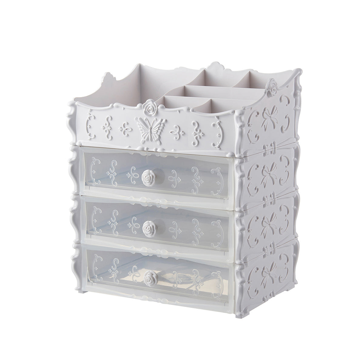 Clear makeup organiser with drawers for vanity storage