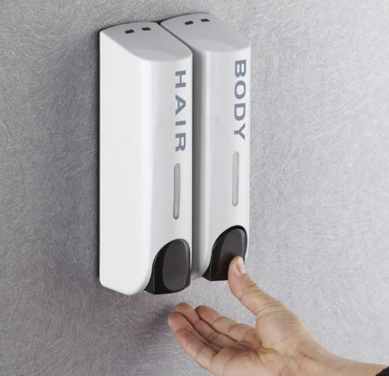 Black wall-mounted soap and shampoo dispenser for bathroom use