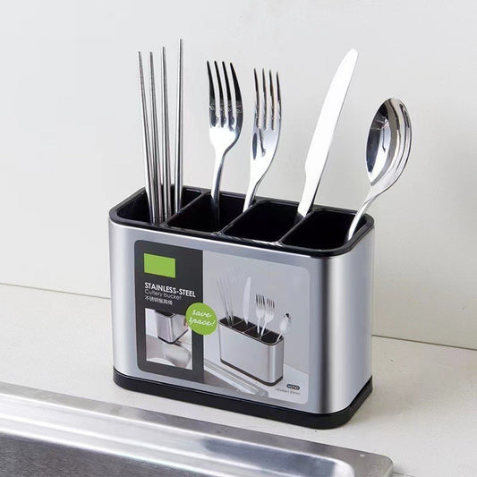 Stainless steel draining cutlery holder with separate compartments