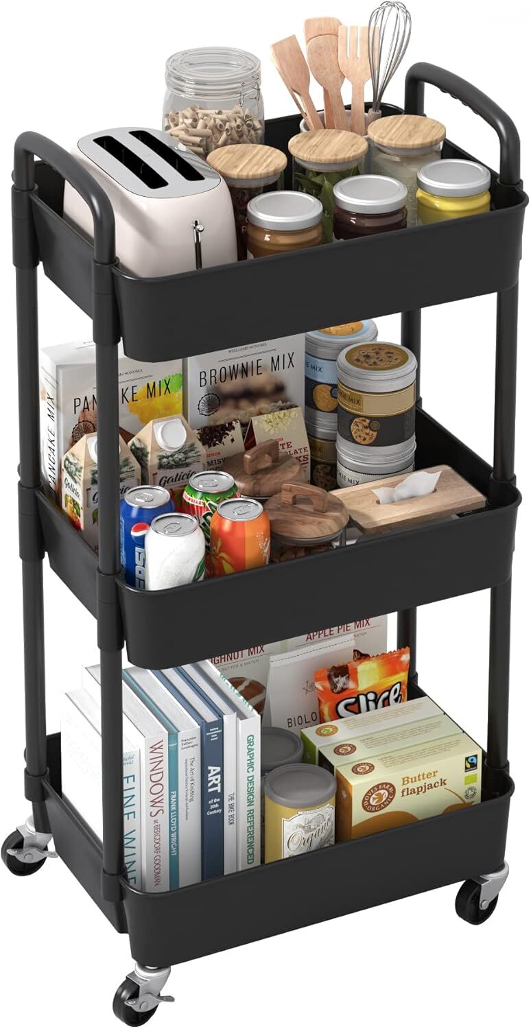 Slim 3-tier rolling storage trolley for narrow spaces