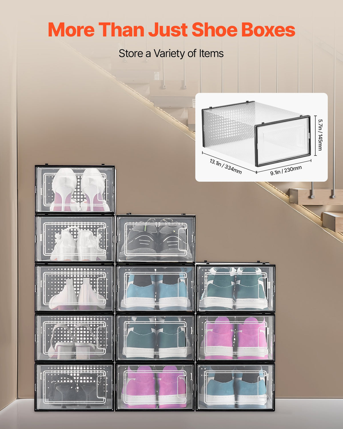 Stackable footwear storage boxes for heels boots and flats