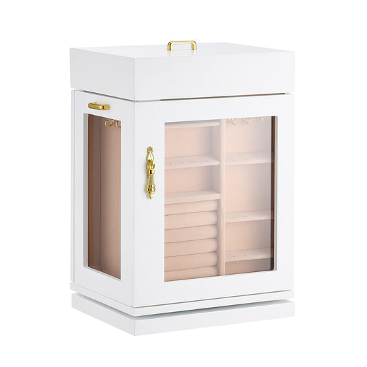 White jewellery storage box with necklace hooks and clear window