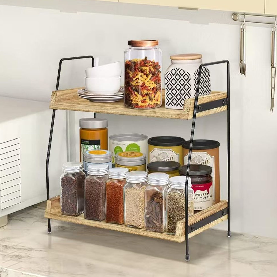 Freestanding wooden shelf for bathroom and kitchen storage