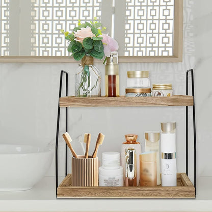 Two-tier wooden storage shelf with sturdy iron frame