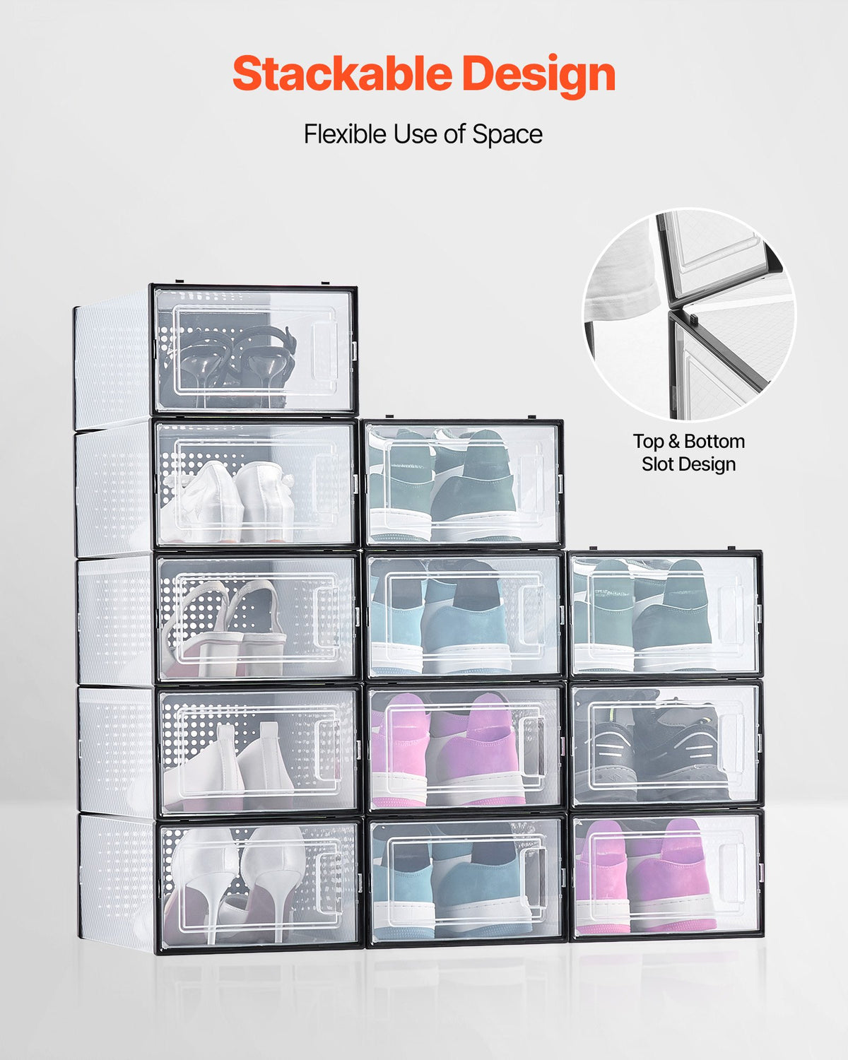 Clear front plastic boxes for organising shoes in wardrobes