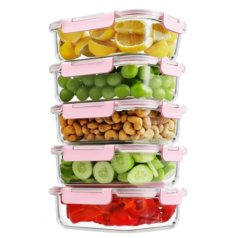 Five-piece airtight glass food storage container set with lids