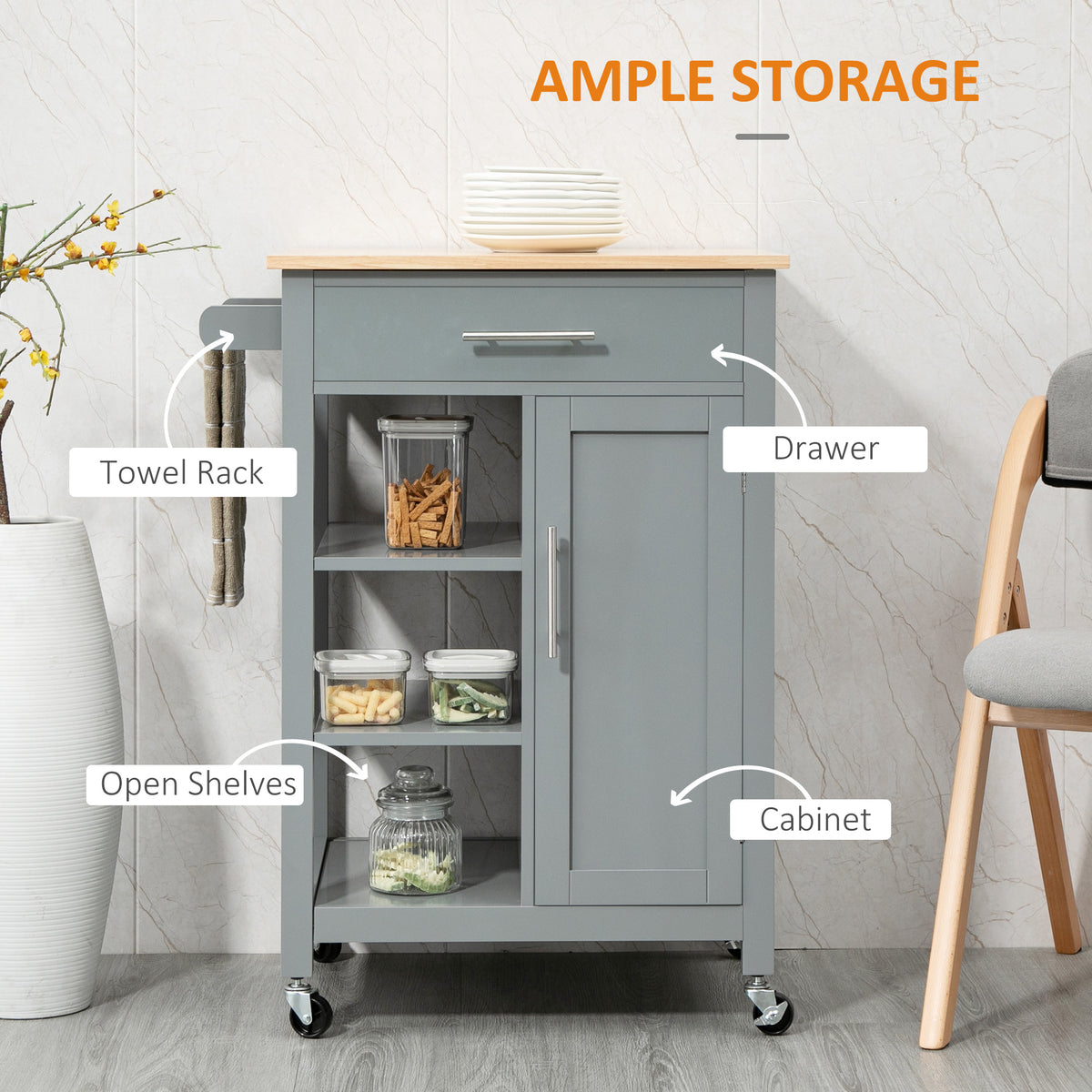 Kitchen cart with open shelf and convenient storage drawer