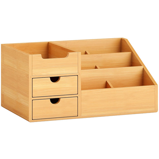 Natural bamboo desk organiser with compartments and drawers