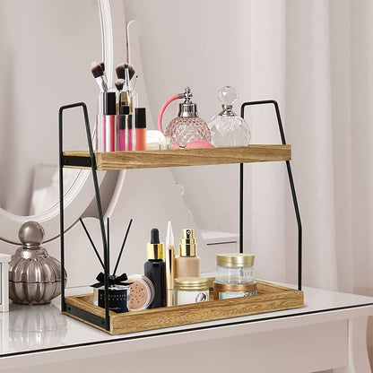 Two-tier wooden storage shelf with sturdy iron frame