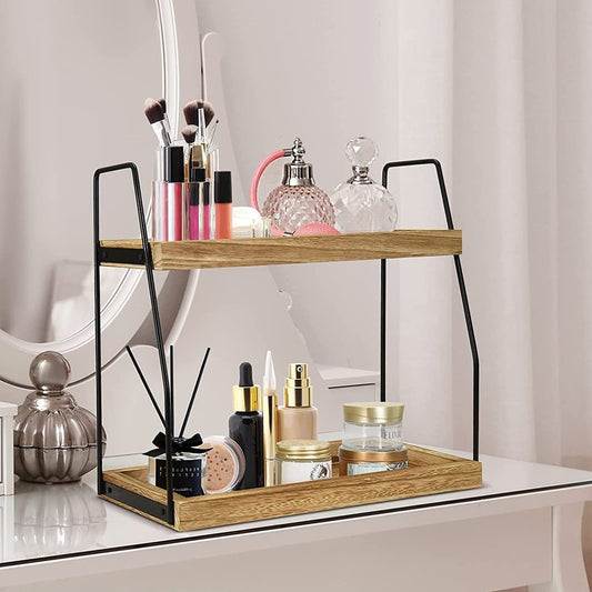 Two-tier wooden storage shelf with sturdy iron frame
