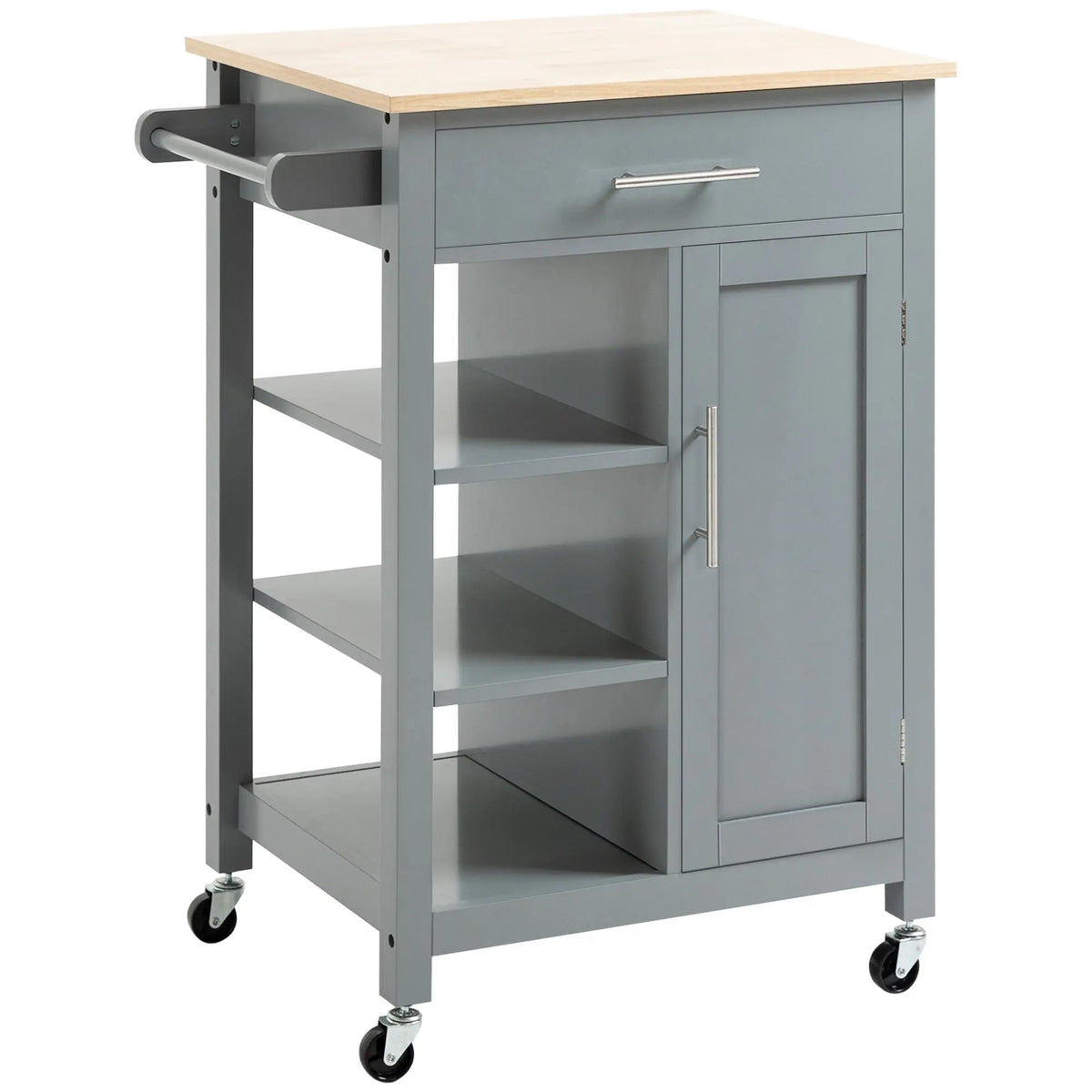 Grey rolling kitchen trolley with storage drawer and shelf