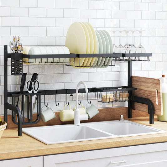 Black 2-tier over sink dish drying rack for kitchen use