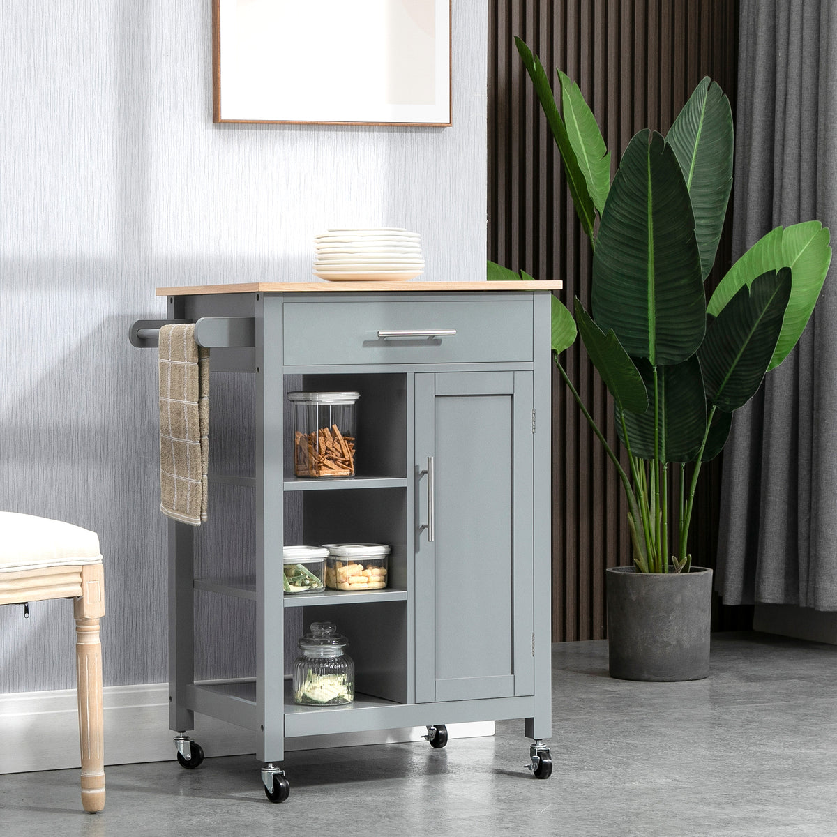 Compact rolling storage trolley for small kitchens