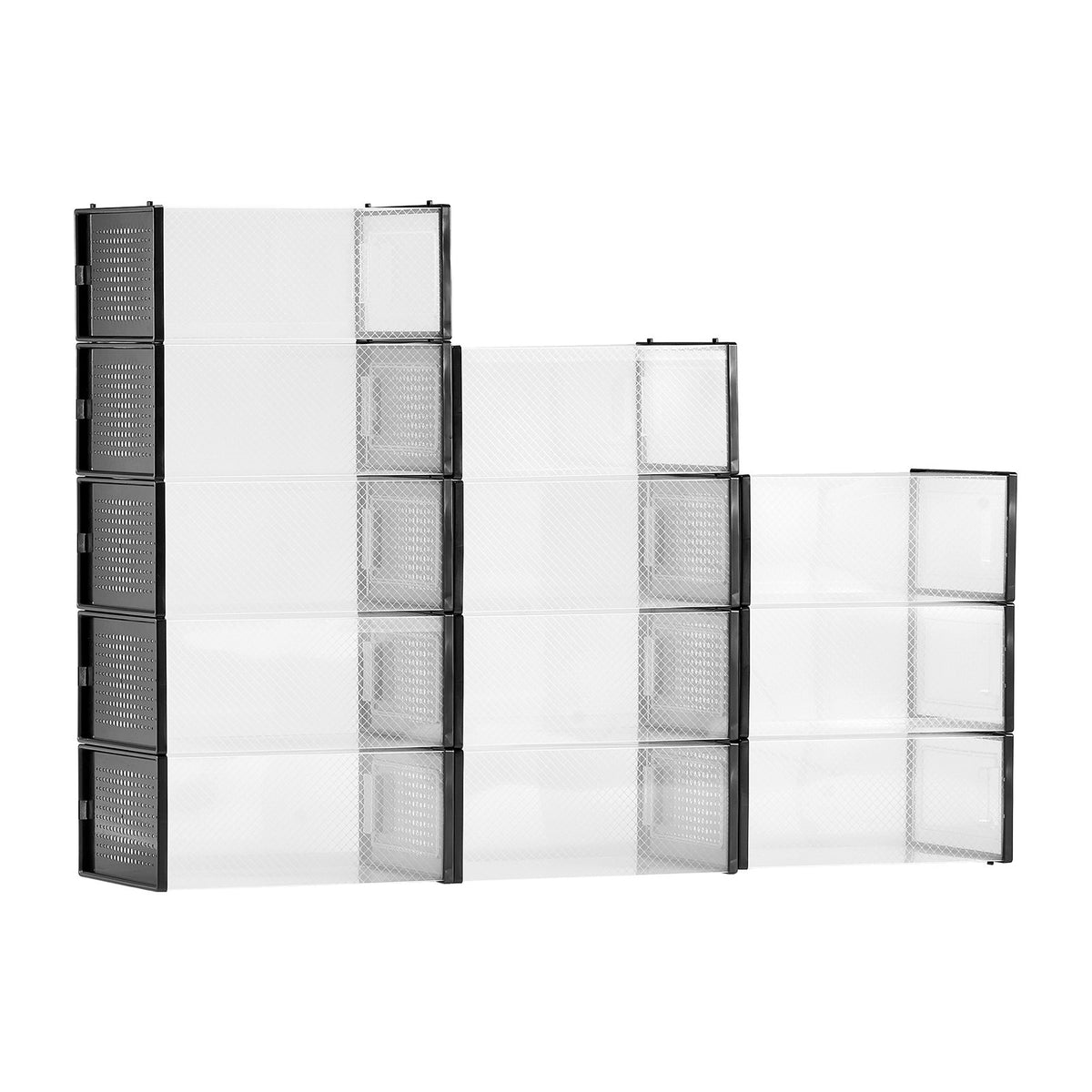 12-pack stackable shoe storage boxes with clear front openings