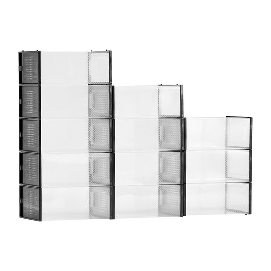 12-pack stackable shoe storage boxes with clear front openings