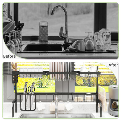 Two-level kitchen dish organiser with direct sink drainage