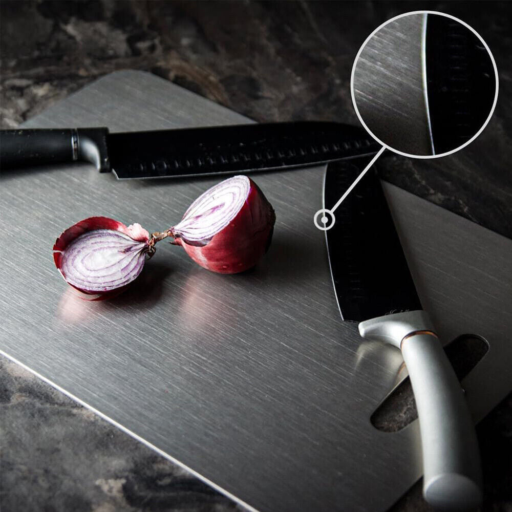 Silver stainless steel board for slicing and chopping food