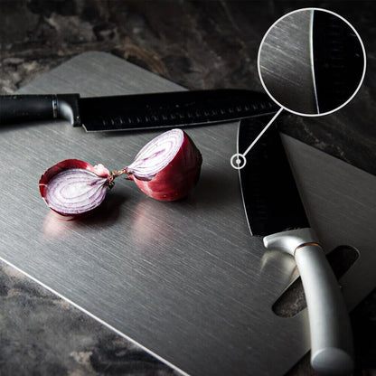 Silver stainless steel board for slicing and chopping food