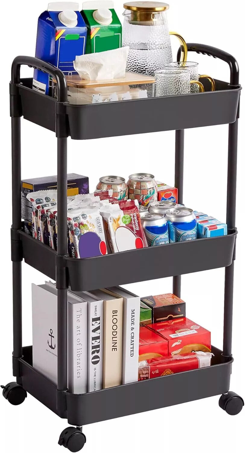 Slim 3-tier rolling storage trolley for narrow spaces